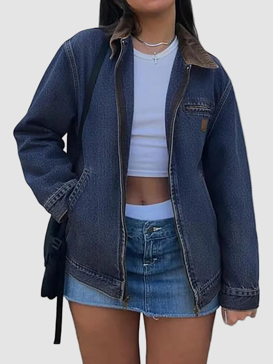 Women Zipper Collared Denim Barn Jacket