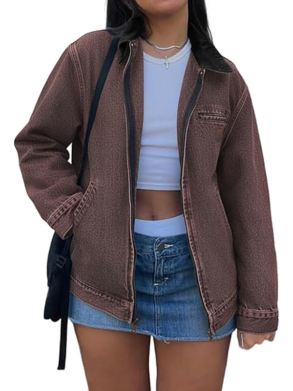 Women Zipper Collared Denim Barn Jacket