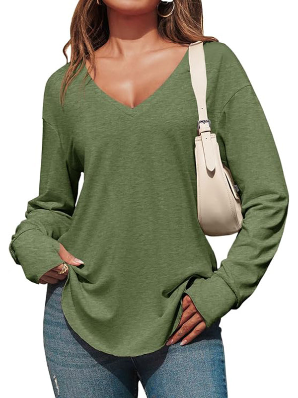 Womens Deep V Neck Long Sleeve Oversized Casual Curved Hem Tunic Tops