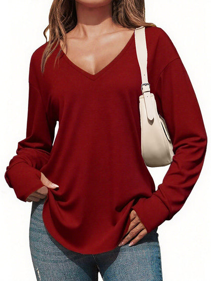 Womens Deep V Neck Long Sleeve Oversized Casual Curved Hem Tunic Tops