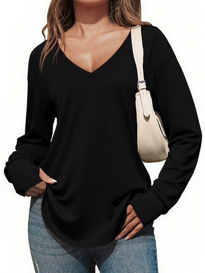 Womens Deep V Neck Long Sleeve Oversized Casual Curved Hem Tunic Tops