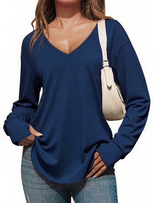 Womens Deep V Neck Long Sleeve Oversized Casual Curved Hem Tunic Tops