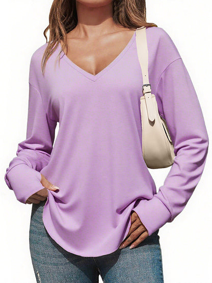 Womens Deep V Neck Long Sleeve Oversized Casual Curved Hem Tunic Tops