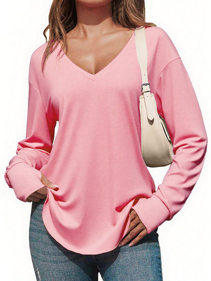 Womens Deep V Neck Long Sleeve Oversized Casual Curved Hem Tunic Tops
