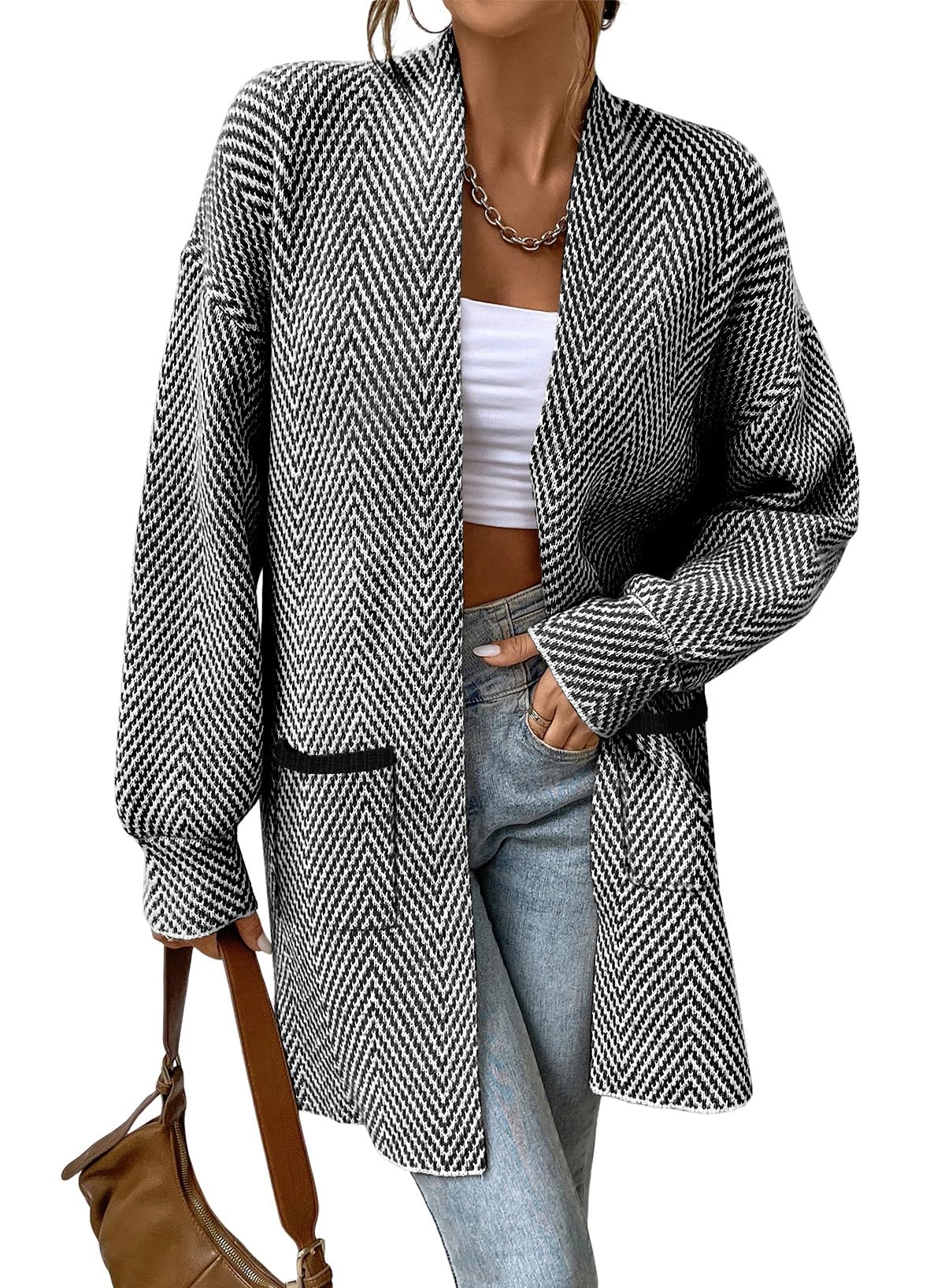 Women's Open Front Herringbone Cardigan Sweaters