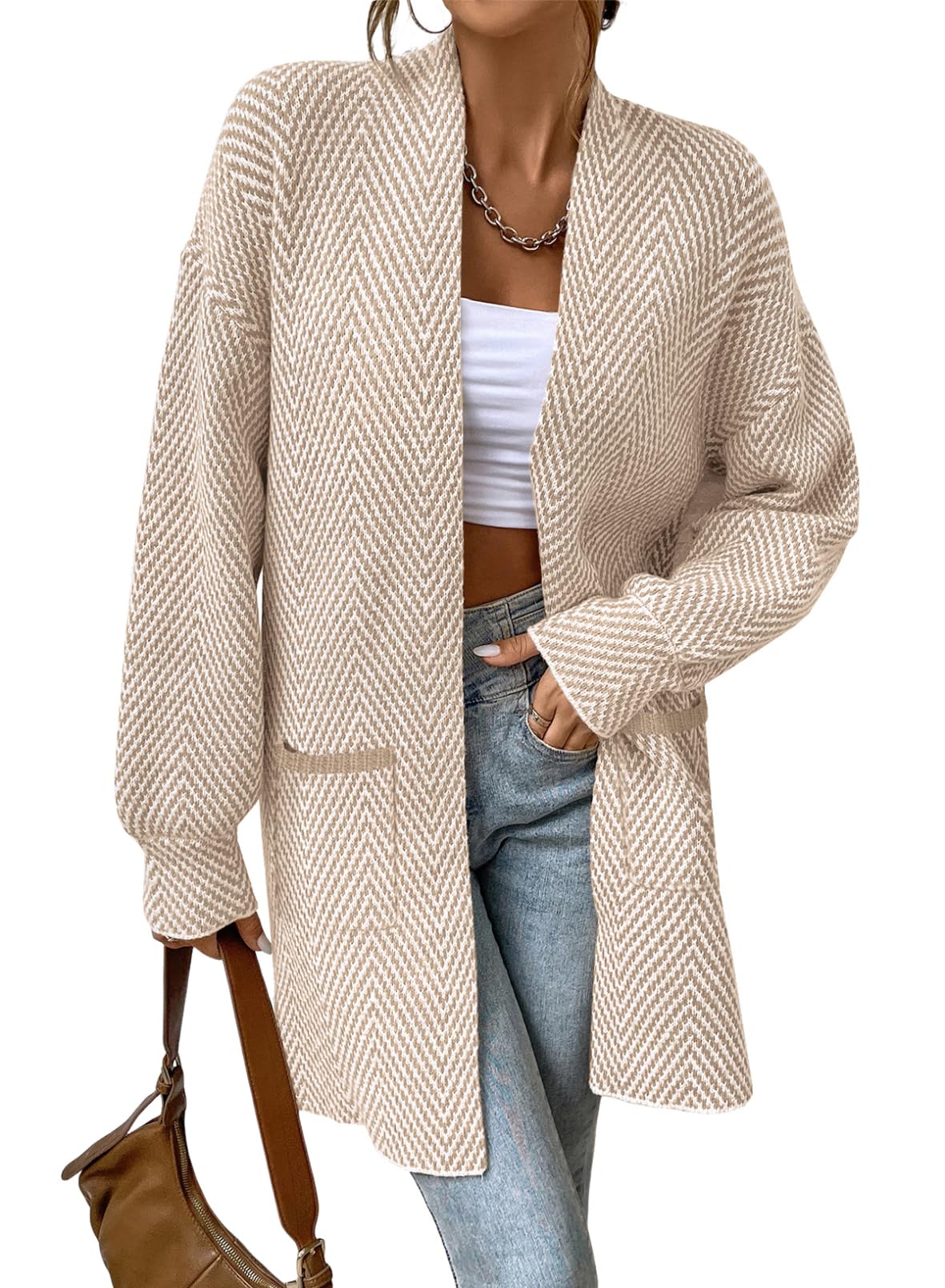 Women's Open Front Herringbone Cardigan Sweaters