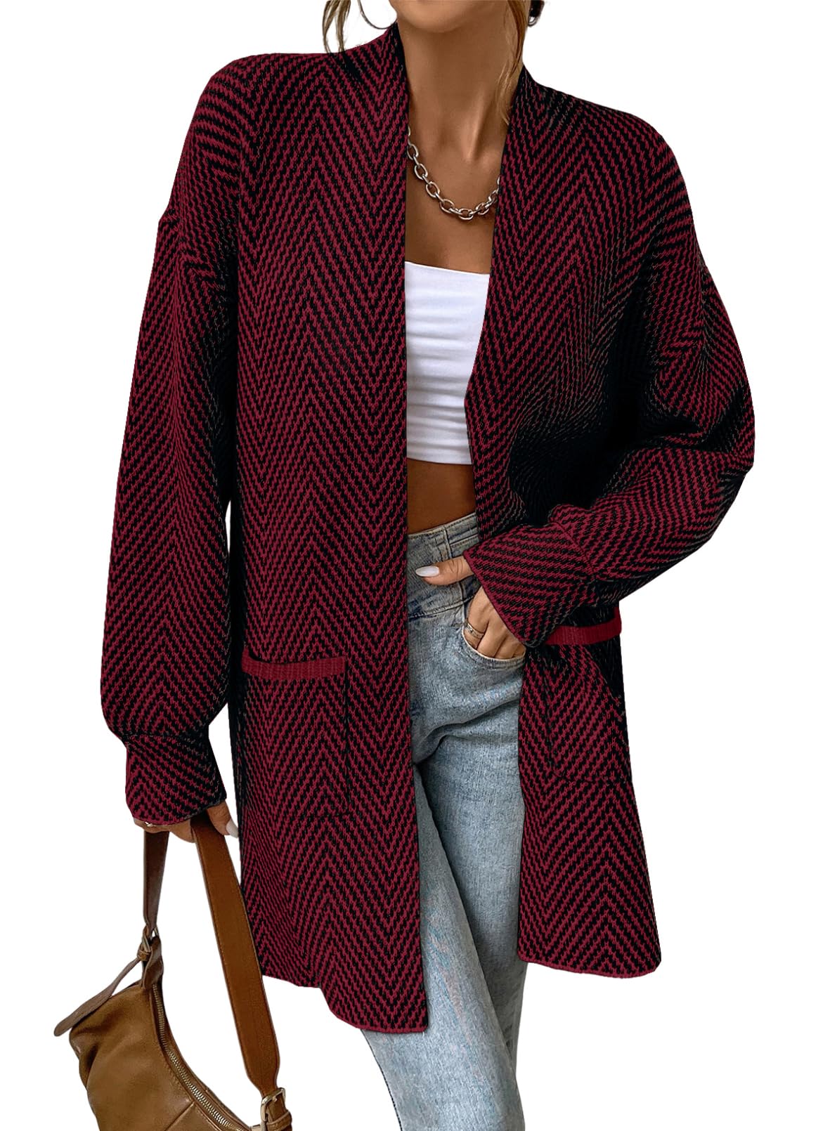 Women's Open Front Herringbone Cardigan Sweaters