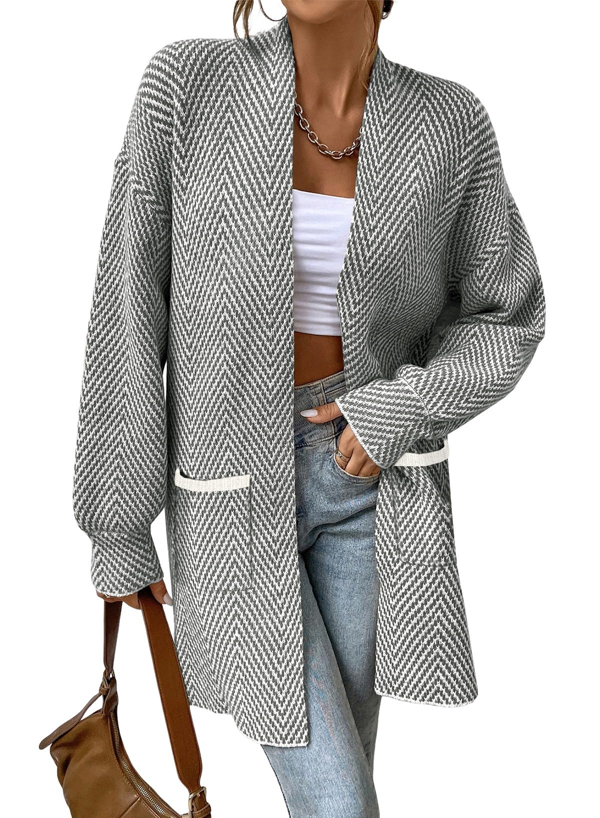 Women's Open Front Herringbone Cardigan Sweaters