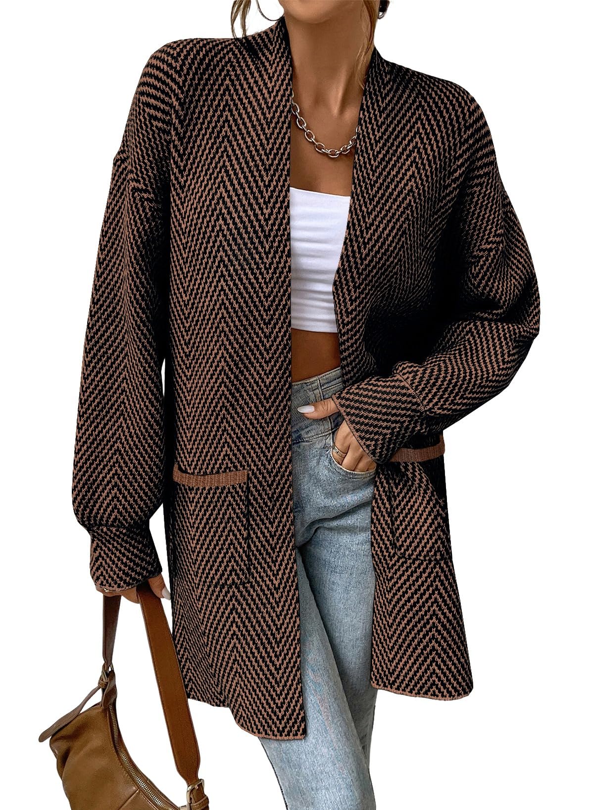 Women's Open Front Herringbone Cardigan Sweaters