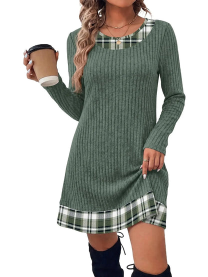 Women's Knit Textured Contrast Collar Tunic Dress