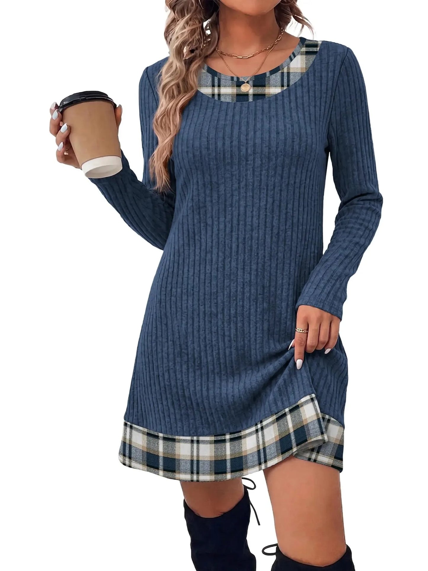 Women's Knit Textured Contrast Collar Tunic Dress