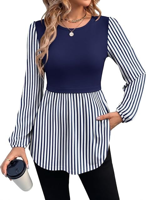 ⏰Hot Sale-Women Crew Neck Babydoll Peplum Long Sleeve Tunic Blouse