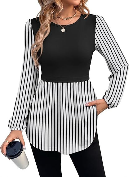 ⏰Hot Sale-Women Crew Neck Babydoll Peplum Long Sleeve Tunic Blouse