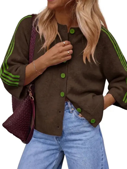 ✨Women Striped 3/4 Sleeve  Crew Neck Button Down Knit Cardigan