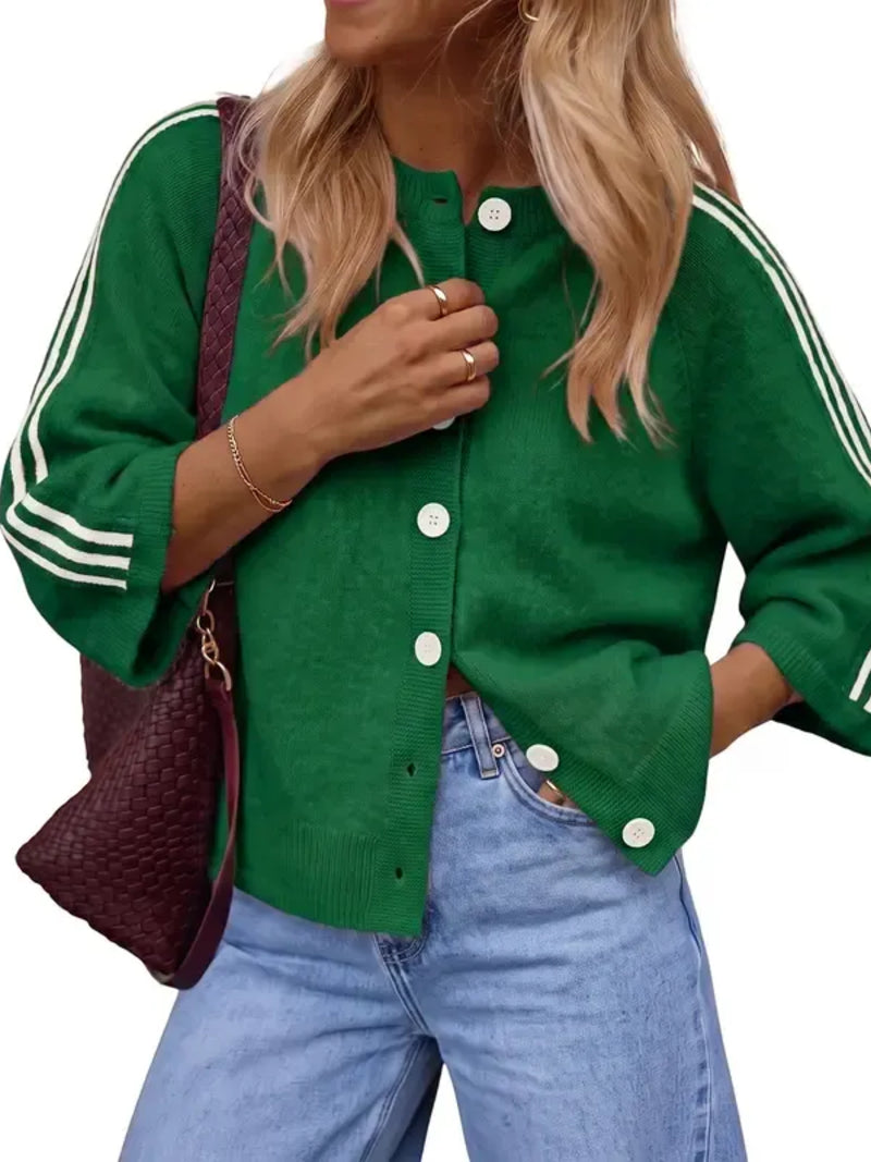 ✨Women Striped 3/4 Sleeve  Crew Neck Button Down Knit Cardigan