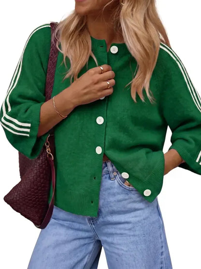 ✨Women Striped 3/4 Sleeve  Crew Neck Button Down Knit Cardigan