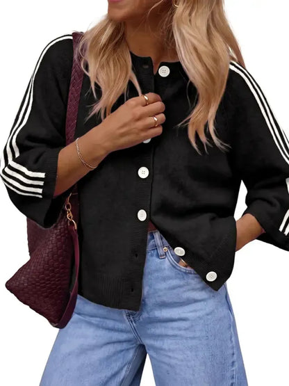 ✨Women Striped 3/4 Sleeve  Crew Neck Button Down Knit Cardigan