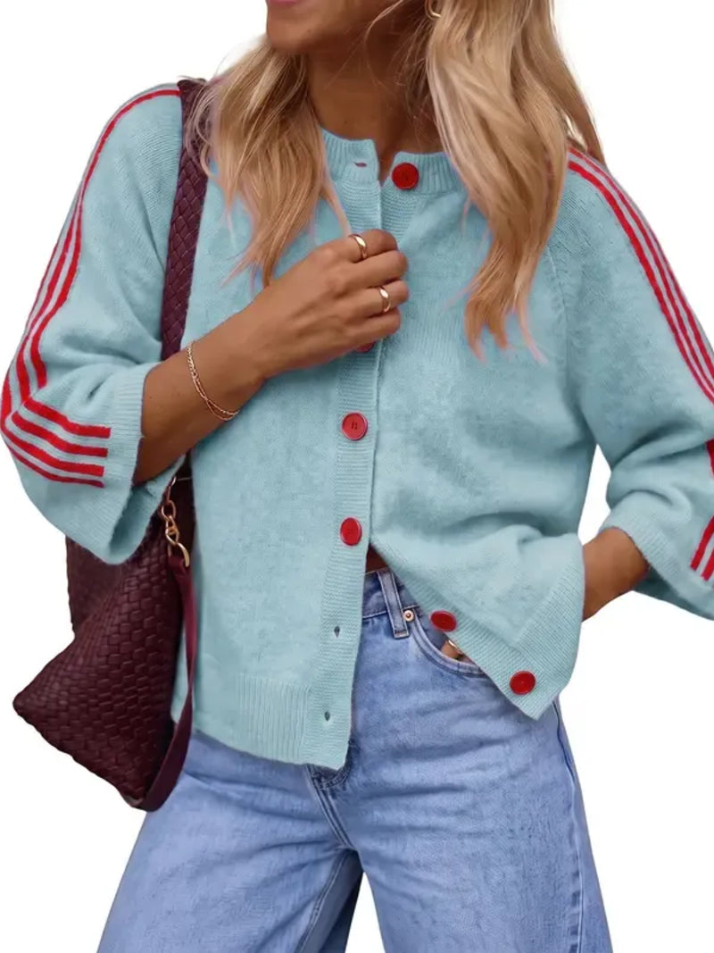 ✨Women Striped 3/4 Sleeve  Crew Neck Button Down Knit Cardigan