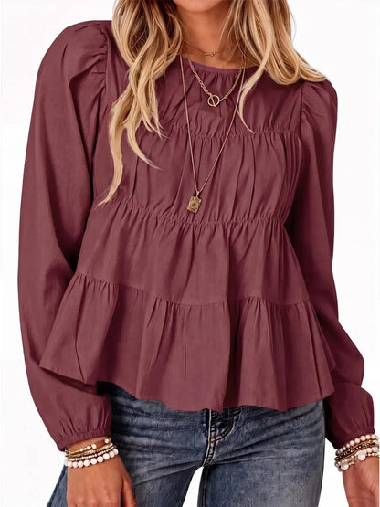 Women Puff Sleeve Babydoll Blouse Peplum Hem