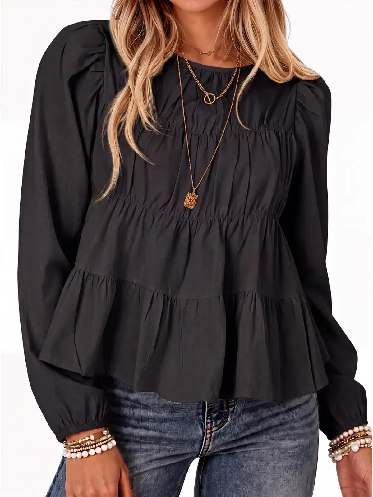 Women Puff Sleeve Babydoll Blouse Peplum Hem
