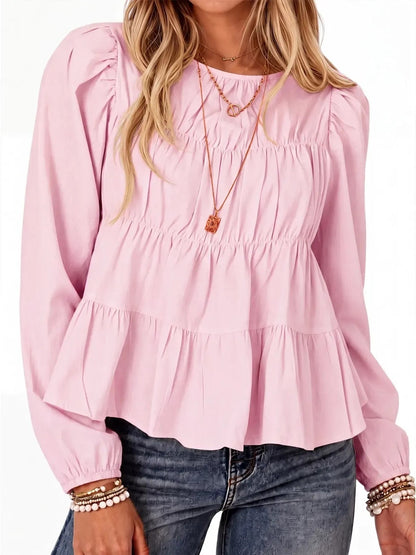 Women Puff Sleeve Babydoll Blouse Peplum Hem