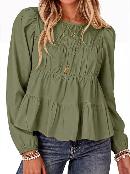 Women Puff Sleeve Babydoll Blouse Peplum Hem