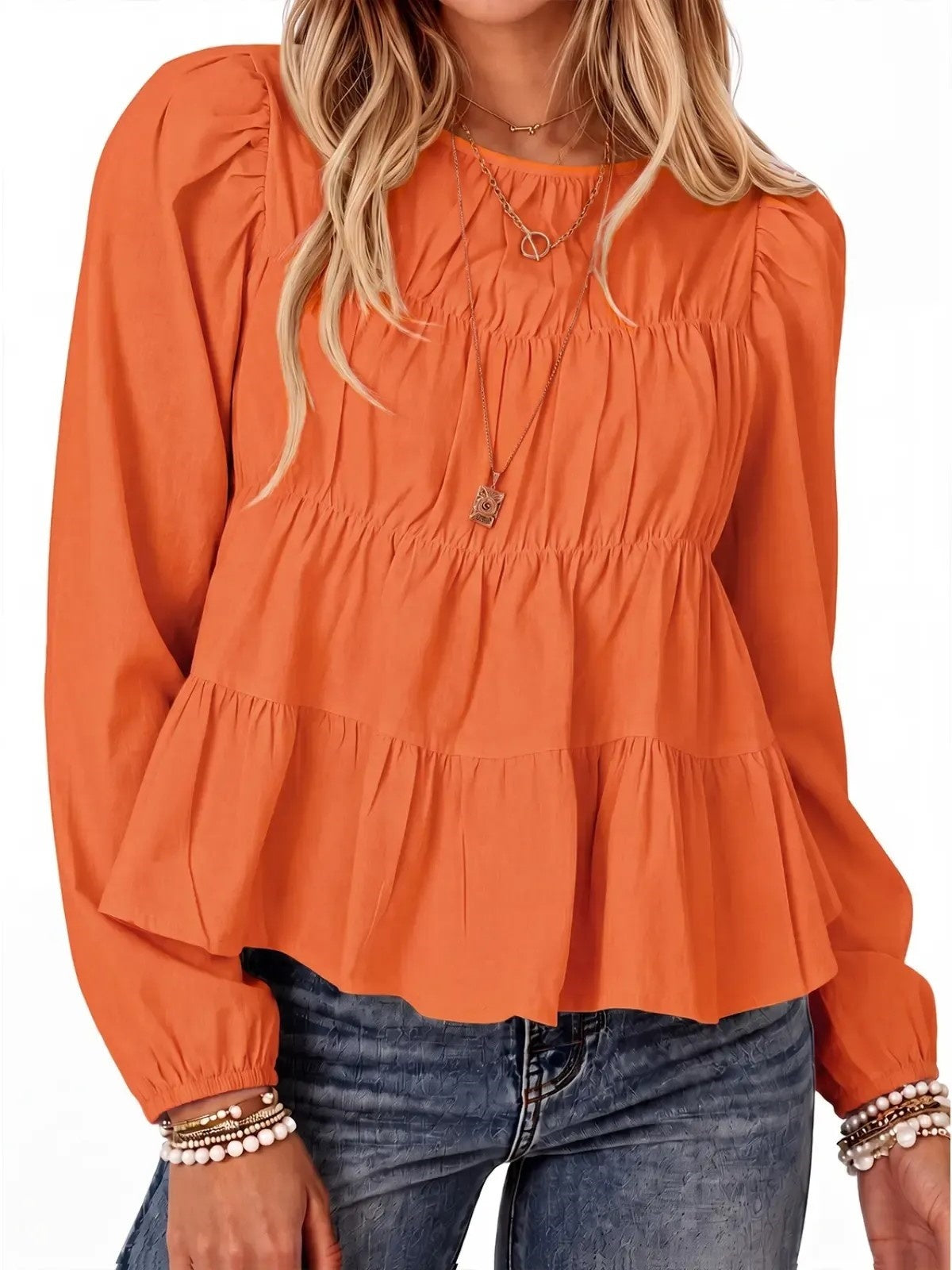 Women Puff Sleeve Babydoll Blouse Peplum Hem