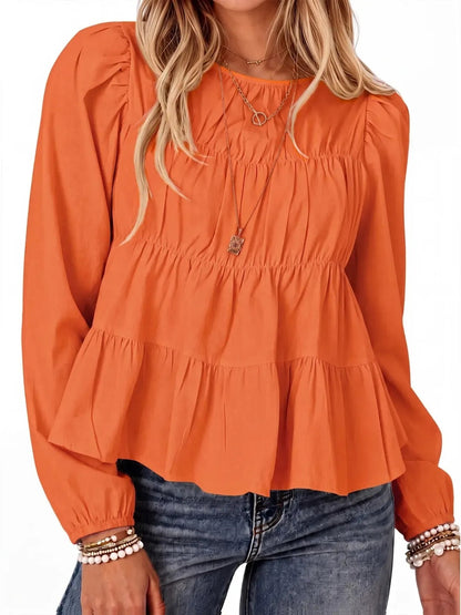 Women Puff Sleeve Babydoll Blouse Peplum Hem