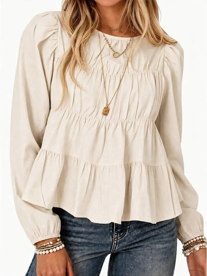Women Puff Sleeve Babydoll Blouse Peplum Hem
