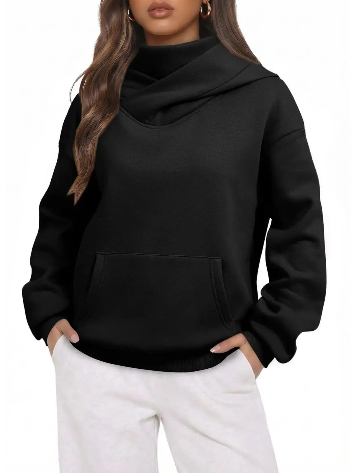 Women Cross Wrap Turtleneck Hoodie With Pocket