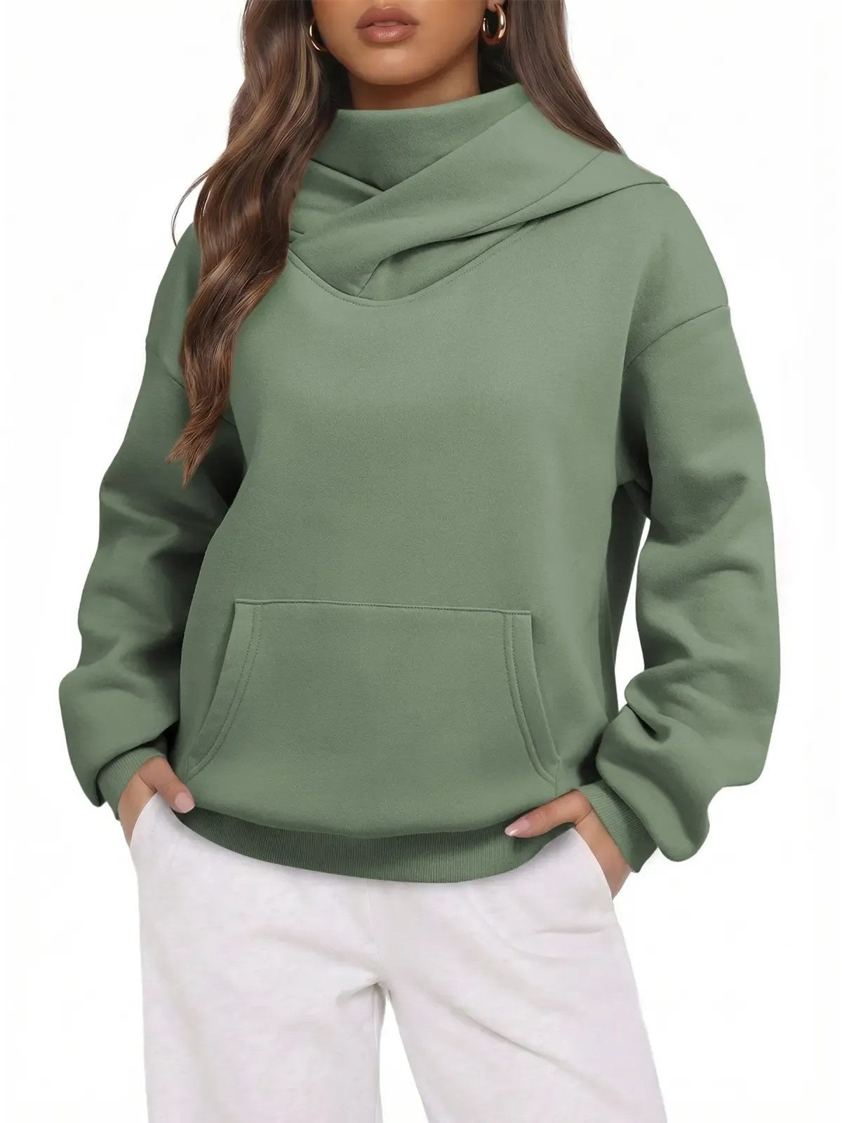 Women Cross Wrap Turtleneck Hoodie With Pocket
