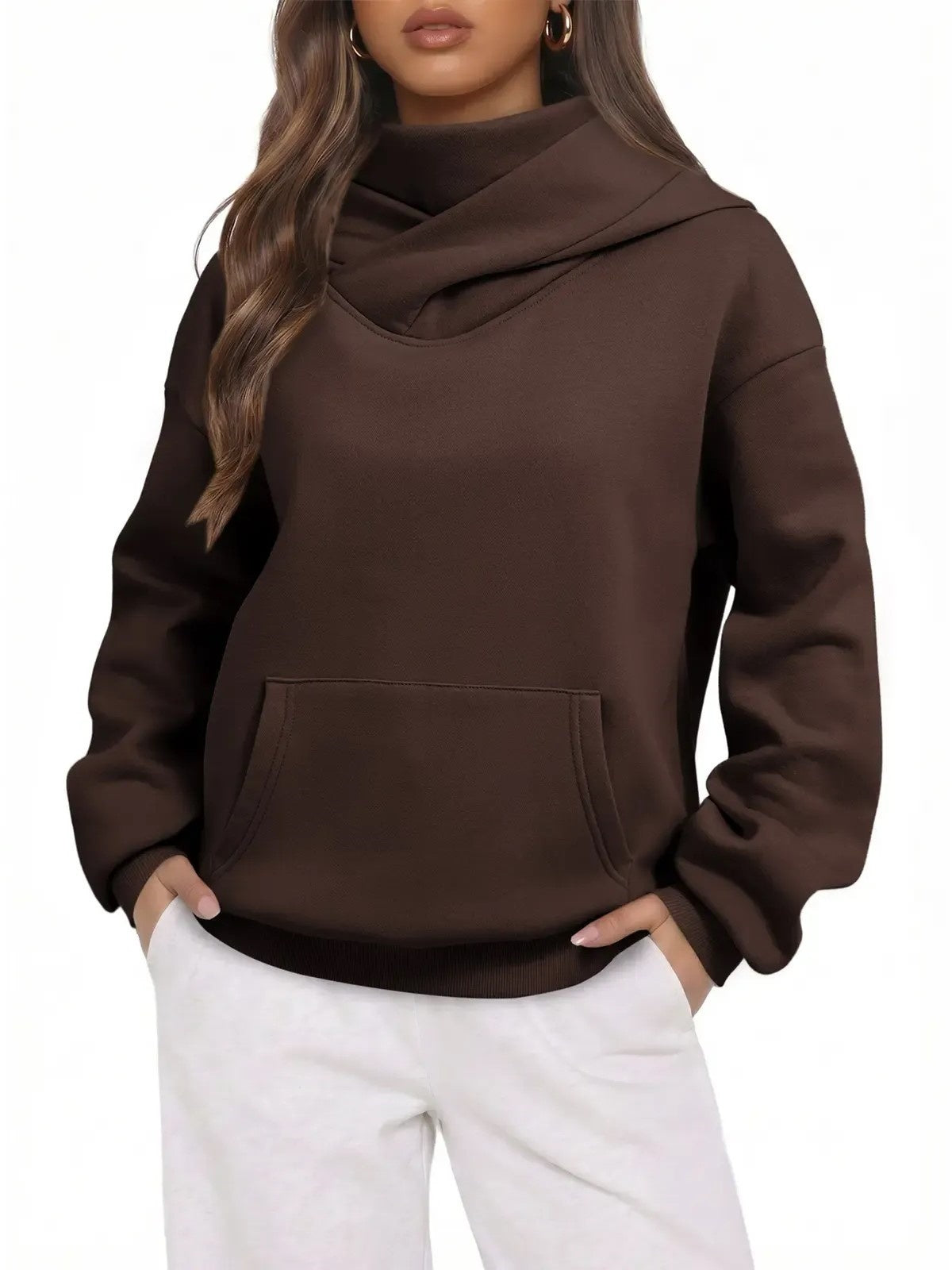 Women Cross Wrap Turtleneck Hoodie With Pocket