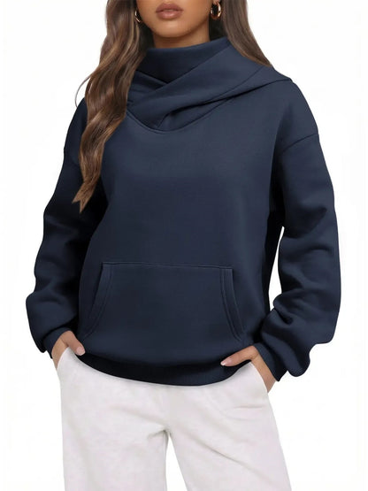 Women Cross Wrap Turtleneck Hoodie With Pocket