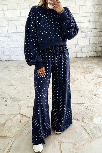 Women's Polka Dot 2 Piece Pant Set Long Sleeve Sweatshirts And Drawstring Wide Leg Pant