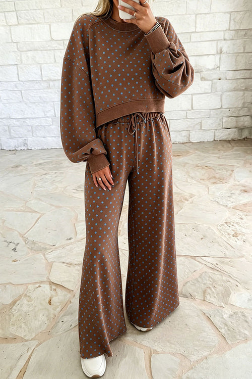 Women's Polka Dot 2 Piece Pant Set Long Sleeve Sweatshirts And Drawstring Wide Leg Pant