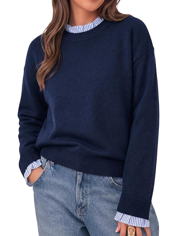 Mock Two-Piece Ruffle Trim Crew Neck Long Sleeve Top
