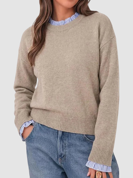 Mock Two-Piece Ruffle Trim Crew Neck Long Sleeve Top