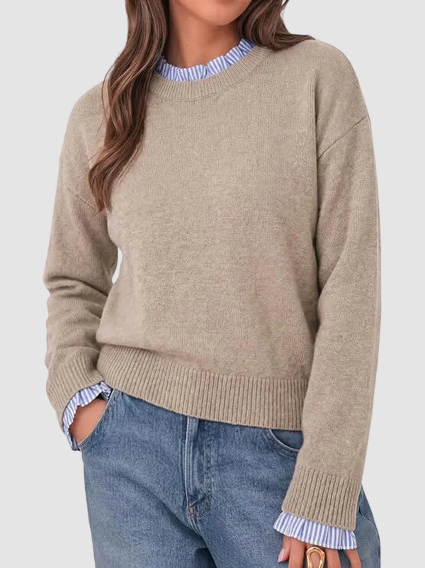 Mock Two-Piece Ruffle Trim Crew Neck Long Sleeve Top