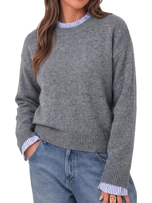 Mock Two-Piece Ruffle Trim Crew Neck Long Sleeve Top