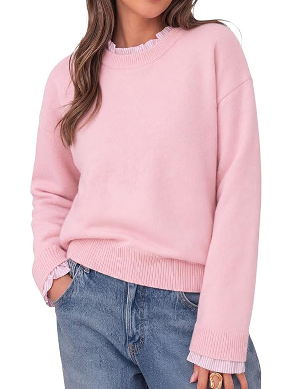 Mock Two-Piece Ruffle Trim Crew Neck Long Sleeve Top