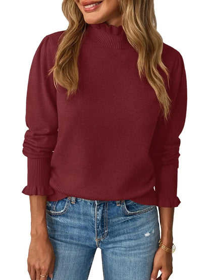 Women's Casual Ruffle Mock Neck Pullover Top