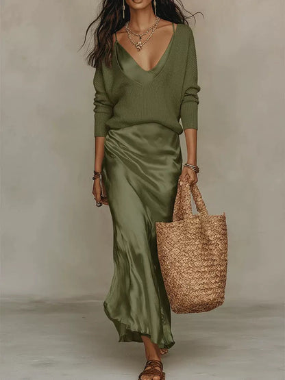 Hot Sale-Women Quiet Luxury 2 Piece Set Deep V Ribbed Sweater Slip Midi Skirt
