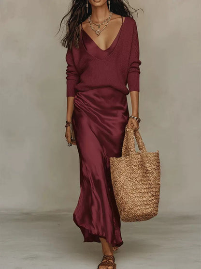 Hot Sale-Women Quiet Luxury 2 Piece Set Deep V Ribbed Sweater Slip Midi Skirt