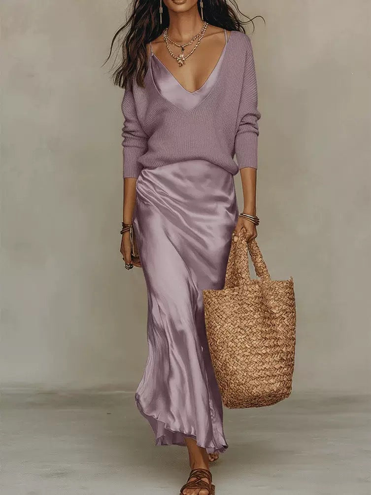 Hot Sale-Women Quiet Luxury 2 Piece Set Deep V Ribbed Sweater Slip Midi Skirt