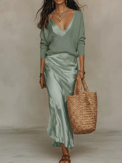 Hot Sale-Women Quiet Luxury 2 Piece Set Deep V Ribbed Sweater Slip Midi Skirt