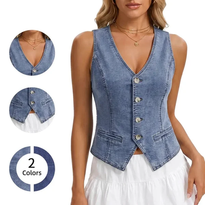 Women Vintage Denim Vest Sleeveless V‑Neck Button Down Cropped Waistcoat