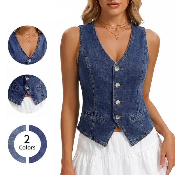 Women Vintage Denim Vest Sleeveless V‑Neck Button Down Cropped Waistcoat