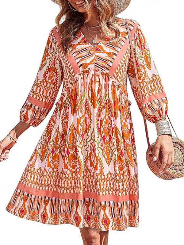 Women V Neck Ruffle Floral Flowy Boho Babydoll Dress