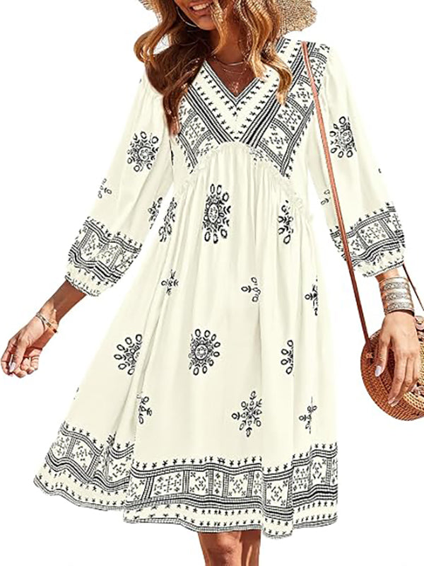 Women V Neck Ruffle Floral Flowy Boho Babydoll Dress