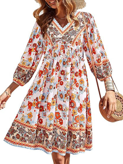 Women V Neck Ruffle Floral Flowy Boho Babydoll Dress